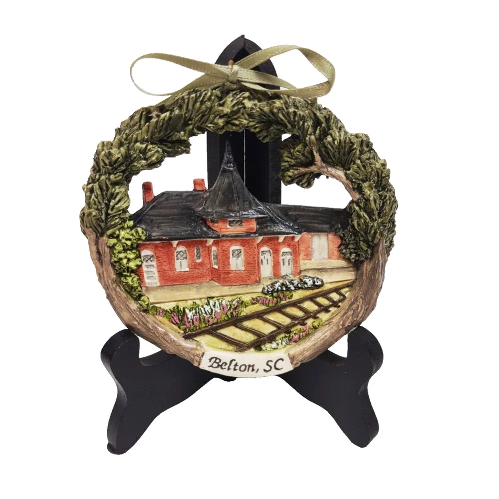 VTG Hestia Handmade Signed Ameriscape Xmas Ornament Belton SC Depot with Stand